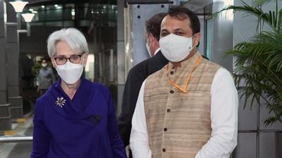 US deputy secretary of state Wendy Sherman arrives for engagements covering bilateral, regional, and global issues, in New Delhi on Tuesday. US deputy secretary of state Wendy Sherman arrives for engagements covering bilateral, regional, and global issues, in New Delhi on Tuesday.