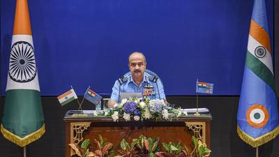 IAF chief Air Chief Marshal Vivek Ram Chaudhari speaks during a press conference, ahead of the 89th Air Force Day on October 8, in New Delhi on Tuesday. He said the air force was fully committed to tri-service integration to maximise India’s combat capability. (PTI) IAF chief Air Chief Marshal Vivek Ram Chaudhari speaks during a press conference, ahead of the 89th Air Force Day on October 8, in New Delhi on Tuesday. He said the air force was fully committed to tri-service integration to maximise India’s combat capability. (PTI)