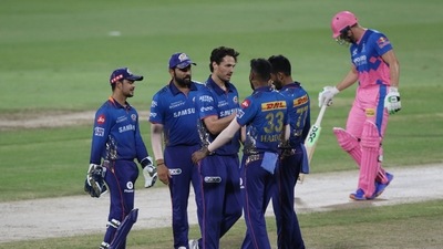 Nathan Coulter-Nile of Mumbai Indians celebrates after takes a wicket of Glenn Philipps of Rajasthan Royals during the Vivo Indian Premier League match between the Rajasthan Royals and the Mumbai Indians at the Sharjah Cricket Stadium in Sharjah on Tuesday. (ANI) Nathan Coulter-Nile of Mumbai Indians celebrates after takes a wicket of Glenn Philipps of Rajasthan Royals during the Vivo Indian Premier League match between the Rajasthan Royals and the Mumbai Indians at the Sharjah Cricket Stadium in Sharjah on Tuesday. (ANI)