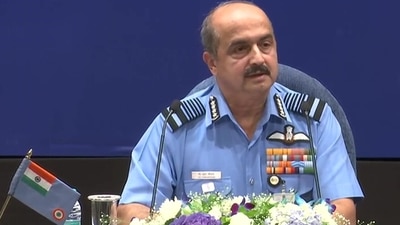Indian Air Force chief VR Chaudhari addressing a press conference on Tuesday. (ANI Photo) Indian Air Force chief VR Chaudhari addressing a press conference on Tuesday. (ANI Photo)