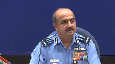 Indian Air Force chief VR Chaudhari addressing a press conference on Tuesday. (ANI Photo) Indian Air Force chief VR Chaudhari addressing a press conference on Tuesday. (ANI Photo)