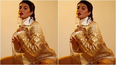 To accessorise her gold outfit, Jacqueline wore sleek rings on both her hands and chose statement-making large elongated hoop earrings. She left her tresses open in a sleek-back wet hairdo. (Instagram/@jacquelinef143)