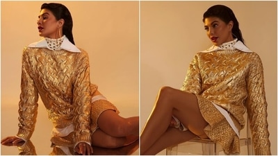 As for her glam, Jacqueline opted for glowing skin, bold red lip shade, loads of mascara on the lashes, on-fleek eyebrows, blushed cheeks, subtle eye shadow, and sharp contour. What do you think about her all-gold ensemble? (Instagram/@chandiniw)