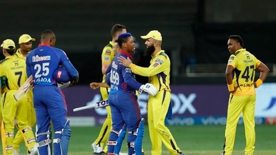 Delhi Capitals and Chennai Super Kings players during match 50 of the Indian Premier League held at the Dubai International Stadium. (PTI)