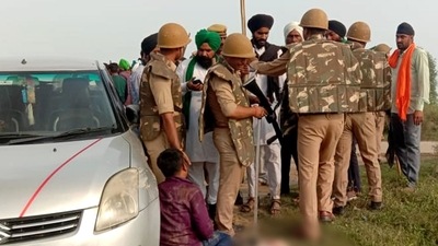 Security personnel at the spot after violence broke out after farmers agitating were allegedly run over by a vehicle in the convoy of a union minister, in Lakhimpur Kheri on October 3, 2021.&nbsp; (ANI Photo)