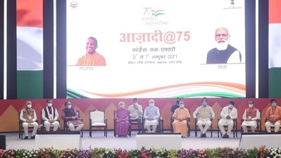 Prime Minister Narendra Modi with UP chief minister Yogi Adityanath and other dignitaries at an event in Lucknow on Tuesday. (HT Photo) Prime Minister Narendra Modi with UP chief minister Yogi Adityanath and other dignitaries at an event in Lucknow on Tuesday. (HT Photo)