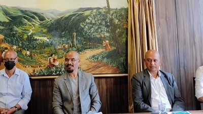 Ardent Miller Basaiawmoit (Second from R) addressing journalists on Tuesday. (HT photo)