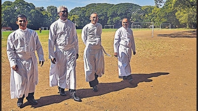 From left: Fr Anish K, principal of Loyola’s High School; Fr Andrew Fernandes and Fr Kenneth Misquitta, both former principals of St Vincent’s High School, and Fr Francis Patekar, current principal of St Vincent High School; all Jesuits in Pune. The tribe of priests on “cannon-ball” run espouse courage to change. (HT) From left: Fr Anish K, principal of Loyola’s High School; Fr Andrew Fernandes and Fr Kenneth Misquitta, both former principals of St Vincent’s High School, and Fr Francis Patekar, current principal of St Vincent High School; all Jesuits in Pune. The tribe of priests on “cannon-ball” run espouse courage to change. (HT)