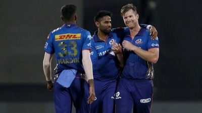 James Neesham marked his comeback with a three-wicket haul and Jasprit Bumrah bagged two wicket as MI restricted RR to 90/9 in 20 overs, (BCCI/IPL) James Neesham marked his comeback with a three-wicket haul and Jasprit Bumrah bagged two wicket as MI restricted RR to 90/9 in 20 overs, (BCCI/IPL)