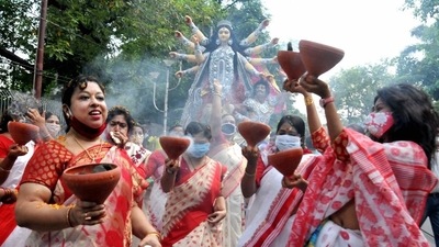 The West Bengal government has banned all forms of cultural programmes near the marquees in view of the Covid-19 pandemic. The West Bengal government has banned all forms of cultural programmes near the marquees in view of the Covid-19 pandemic.