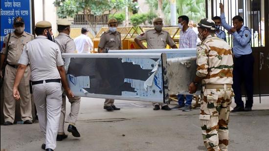Security personnel outside Rohini district court after gangster Jitender Gogi was shot dead inside a courtroom. (ANI)