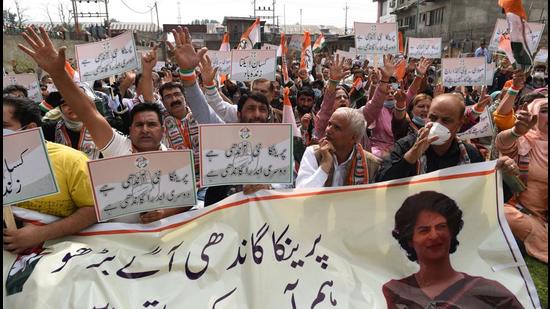 The J&K Congress, led by Ghulam Ahmad Mir, was staging a protest against the mowing down of farmers at Lakhimpur Kheri. (HT Photo)