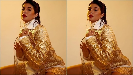 To accessorise her gold outfit, Jacqueline wore sleek rings on both her hands and chose statement-making large elongated hoop earrings. She left her tresses open in a sleek-back wet hairdo.(Instagram/@jacquelinef143)