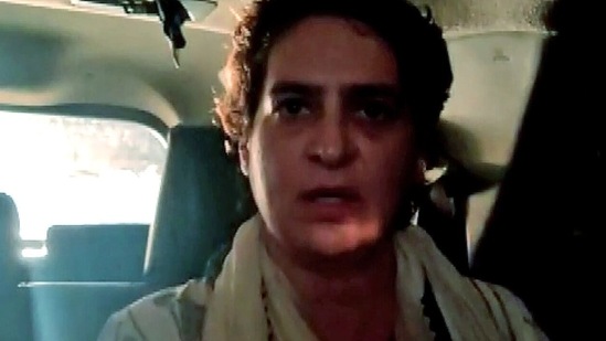 File photo: Congress general secretary Priyanka Gandhi Vadra speaks while on her way to Lakhimpur Kheri on Sunday. (ANI Photo)
