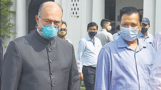 New Delhi, India - March 7, 2021: Lieutenant Governor of Delhi Anil Baijal and Delhi Chief Minister Arvind Kejriwal during the budget session, at Delhi Vidhan Sabha, in New Delhi, India, on Sunday, March 7, 2021. (Photo by Raj K Raj/ Hindustan Times) (Raj K Raj/HT PHOTO)