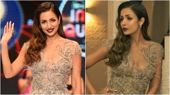 Malaika Arora serves a sensuous look in figure-hugging silver dress with plunging neck(Instagram/@tanghavri)