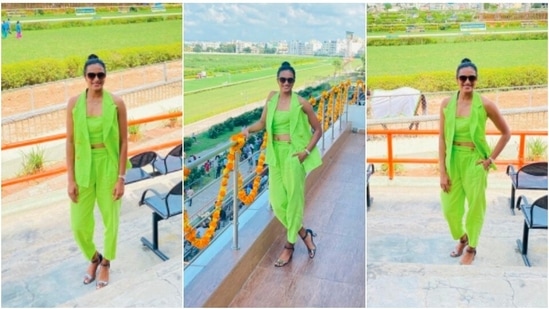 PV Sindhu once again gave her fans a glimpse of her stylish self as she posed in a neon green outfit.(Instagram/@pvsindhu1)