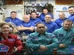 Actress Yulia Peresild, left, film director Klim Shipenko, right, and cosmonaut Anton Shkaplerov sit in the first row among other participants of the mission in the International Space Station.(AP) Actress Yulia Peresild, left, film director Klim Shipenko, right, and cosmonaut Anton Shkaplerov sit in the first row among other participants of the mission in the International Space Station.(AP)