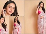 Rakul Preet opted for this gorgeous sequins saree by ace designer Manish Malhotra for the promotions of her film Kondapolam which also stars Panja Vaisshnav Tej.(Instagram/@rakulpreet)