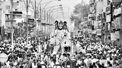 An October 1975 photo of a Ramlila Sawaari at Chandni Chowk in Delhi. (Rane Prakash/HT Archive) An October 1975 photo of a Ramlila Sawaari at Chandni Chowk in Delhi. (Rane Prakash/HT Archive)