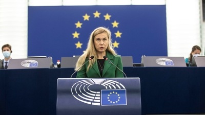 European Commissioner for Energy Kadri Simson speaks about European solutions to the rise of energy prices for businesses and consumers at the European Parliament, in Strasbourg, France (Reuters)