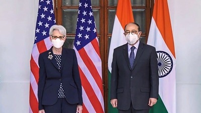 Foreign Secretary of India Harsh V Shringla with US Deputy Secretary of State Wendy R. Sherman during their meeting, in New Delhi.&nbsp; (PTI Photo)