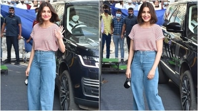Anushka, 33, has a wardrobe full of trendy tops and jeans for every occasion. She has done it all - cropped and baggy or distressed and skinny - and showed us how to look effortless while at it. For the outing, she wore a printed top and high-waist denims. (HT Photo/Varinder Chawla)