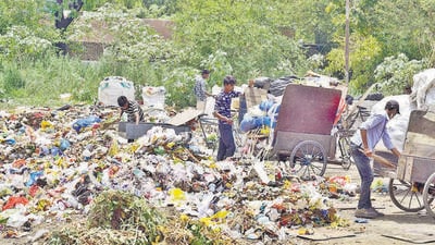 An open garbage dump lying near Lakkar Bridge in Ludhiana. (Gurpreet Singh//ht) An open garbage dump lying near Lakkar Bridge in Ludhiana. (Gurpreet Singh//ht)