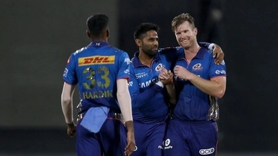 James Neesham marked his comeback with a three-wicket haul and Jasprit Bumrah bagged two wicket as MI restricted RR to 90/9 in 20 overs, (BCCI/IPL)