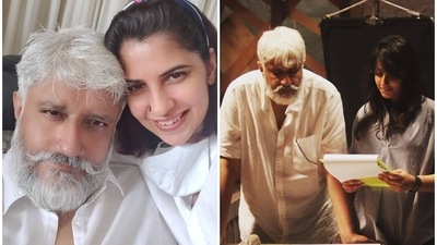 Vikram Bhatt with his wife Shwetambari Soni (L) and with his daughter Krishna.