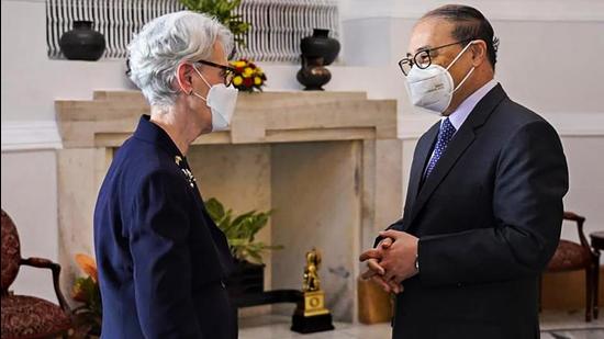 Foreign Secretary Harsh V Shringla with US Deputy Secretary of State Wendy R. Sherman during their meeting in New Delhi on Wednesday. (PTI PHOTO.)