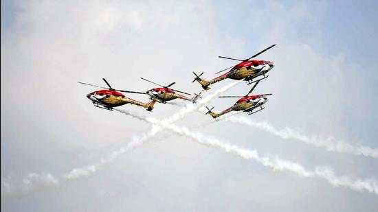 The Sarang Helicopter Aerobatic Team of the Indian Air Force put up a demonstration during the dress rehearsal for the 89th Air Force Day at the Hindon Air Force station in Ghaziabad on Wednesday. (Sakib Ali/HT photo)