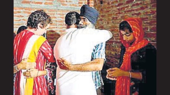 Congress leaders Rahul Gandhi and Priyanka Gandhi Vadra meet the family members of deceased farmer Lovepreet Singh in Lakhimpur Kheri on Wednesday night. (PTI Photo)