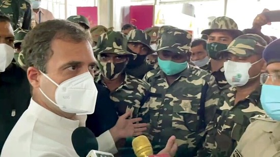 Congress leader Rahul Gandhi speaks to the media after arriving at Chaudhary Charan Singh International Airport to meet the victims' families of Lakhimpur Kheri violence, in Lucknow on Wednesday.(ANI)