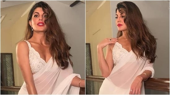 Jacqueline Fernandez in sheer saree and bralette proves you can never go wrong with white(Instagram/@shehlakhan)