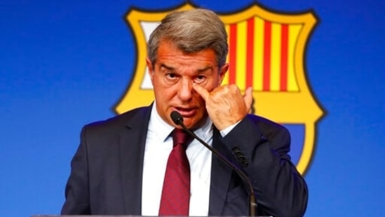 FC Barcelona club President Joan Laporta scratches his face during a news conference in Barcelona, Spain, Friday, Aug. 6, 2021. Barcelona announced on Thursday, Aug. 5, 2021 that Lionel Messi will not stay with the club. He is leaving after 17 successful seasons in which he propelled the Catalan club to glory, helping it win numerous domestic and international titles since debuting as a teenager.(AP) FC Barcelona club President Joan Laporta scratches his face during a news conference in Barcelona, Spain, Friday, Aug. 6, 2021. Barcelona announced on Thursday, Aug. 5, 2021 that Lionel Messi will not stay with the club. He is leaving after 17 successful seasons in which he propelled the Catalan club to glory, helping it win numerous domestic and international titles since debuting as a teenager.(AP)