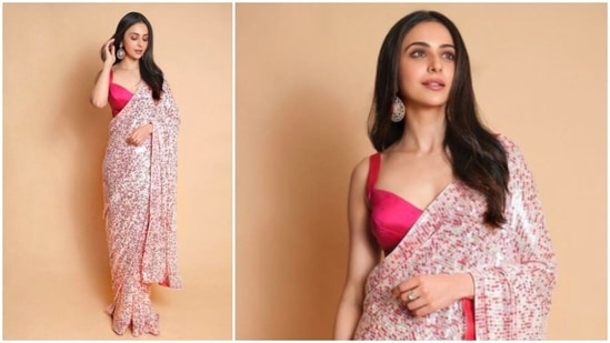 Rakul Preet redefines elegance in this beautiful Manish Malhotra multi-sequins saree.(Instagram/@rakulpreet)