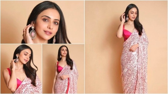 Rakul Preet opted for this gorgeous sequins saree by ace designer Manish Malhotra for the promotions of her film Kondapolam which also stars Panja Vaisshnav Tej.(Instagram/@rakulpreet)