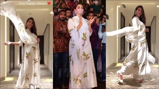 Pooja Hedge glams up Ganga aarti in ivory silk floral kurta, chiffon dupatta(Instagram/hegdepooja)