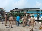 At least 9 people are feared dead in a collision between a truck and a double decker passenger bus in Barabanki, The injured have been shifted to a local hospital. (Deepak Gupta / HT PHOTO) At least 9 people are feared dead in a collision between a truck and a double decker passenger bus in Barabanki, The injured have been shifted to a local hospital. (Deepak Gupta / HT PHOTO)