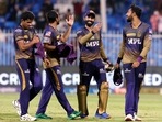 Kolkata Knight Riders players celebrate after winning their during IPL 2021 match no. 54 against Rajasthan Royals in Sharjah(PTI)