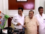 Sabyasachi Dutta (extreme left) said he left BJP because of having disputes with “one of two persons” in the party. (ANI Photo)(ANI) Sabyasachi Dutta (extreme left) said he left BJP because of having disputes with “one of two persons” in the party. (ANI Photo)(ANI)