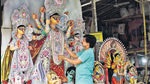 An artisan at work on a Durga idol at CR Park in south Delhi. (Sanjeev Verma/HT PHOTO) An artisan at work on a Durga idol at CR Park in south Delhi. (Sanjeev Verma/HT PHOTO)