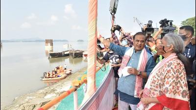 Union finance minister Nirmala Sitharaman inspecting work on the six-lane bridge connecting Guwahati to North Guwahati on Thursday. (PHOTO CREDIT: DIPR.) Union finance minister Nirmala Sitharaman inspecting work on the six-lane bridge connecting Guwahati to North Guwahati on Thursday. (PHOTO CREDIT: DIPR.)