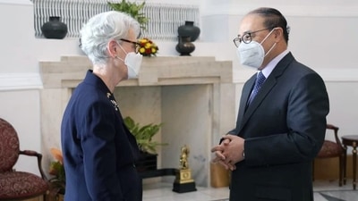 Foreign secretary Harsh Vardhan Shringla met with US deputy secretary of state Wendy Sherman in New Delhi. (ANI)