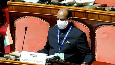 Lok Sabha Speaker Om Birla during the Inaugural Session of the 7th G20 Parliamentary Speakers’ Summit at Senate of the Republic, in Rome on Thursday. (ANI) Lok Sabha Speaker Om Birla during the Inaugural Session of the 7th G20 Parliamentary Speakers’ Summit at Senate of the Republic, in Rome on Thursday. (ANI)