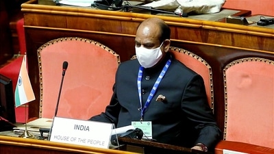 Lok Sabha Speaker Om Birla during the Inaugural Session of the 7th G20 Parliamentary Speakers’ Summit at Senate of the Republic in Rome. (ANI)