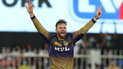 Lockie Ferguson of Kolkata Knight Riders celebrates the wicket of Liam Livingstone during IPL 2021 match no. 54 between Kolkata Knight Riders and Rajasthan Royals in Sharjah (ANI) Lockie Ferguson of Kolkata Knight Riders celebrates the wicket of Liam Livingstone during IPL 2021 match no. 54 between Kolkata Knight Riders and Rajasthan Royals in Sharjah (ANI)