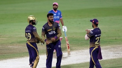 Varun Chakaravarthy of Kolkata Knight Riders celebrates the wicket of Chris Morris during IPL 2021 match no. 54 between Kolkata Knight Riders and Rajasthan Royals in Sharjah. (ANI) Varun Chakaravarthy of Kolkata Knight Riders celebrates the wicket of Chris Morris during IPL 2021 match no. 54 between Kolkata Knight Riders and Rajasthan Royals in Sharjah. (ANI)
