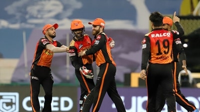 Wriddhiman Saha and Kane Williamson of Sunrisers Hyderabad celebrate. (PTI)